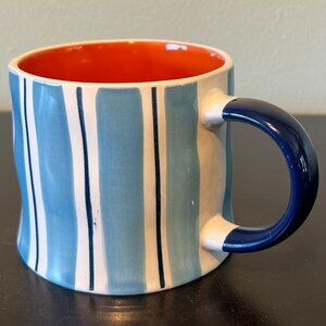 PRIMA DESIGN Oversized Wide Mouth White Blue Striped Ceramic Cup Mug Orange 20oz